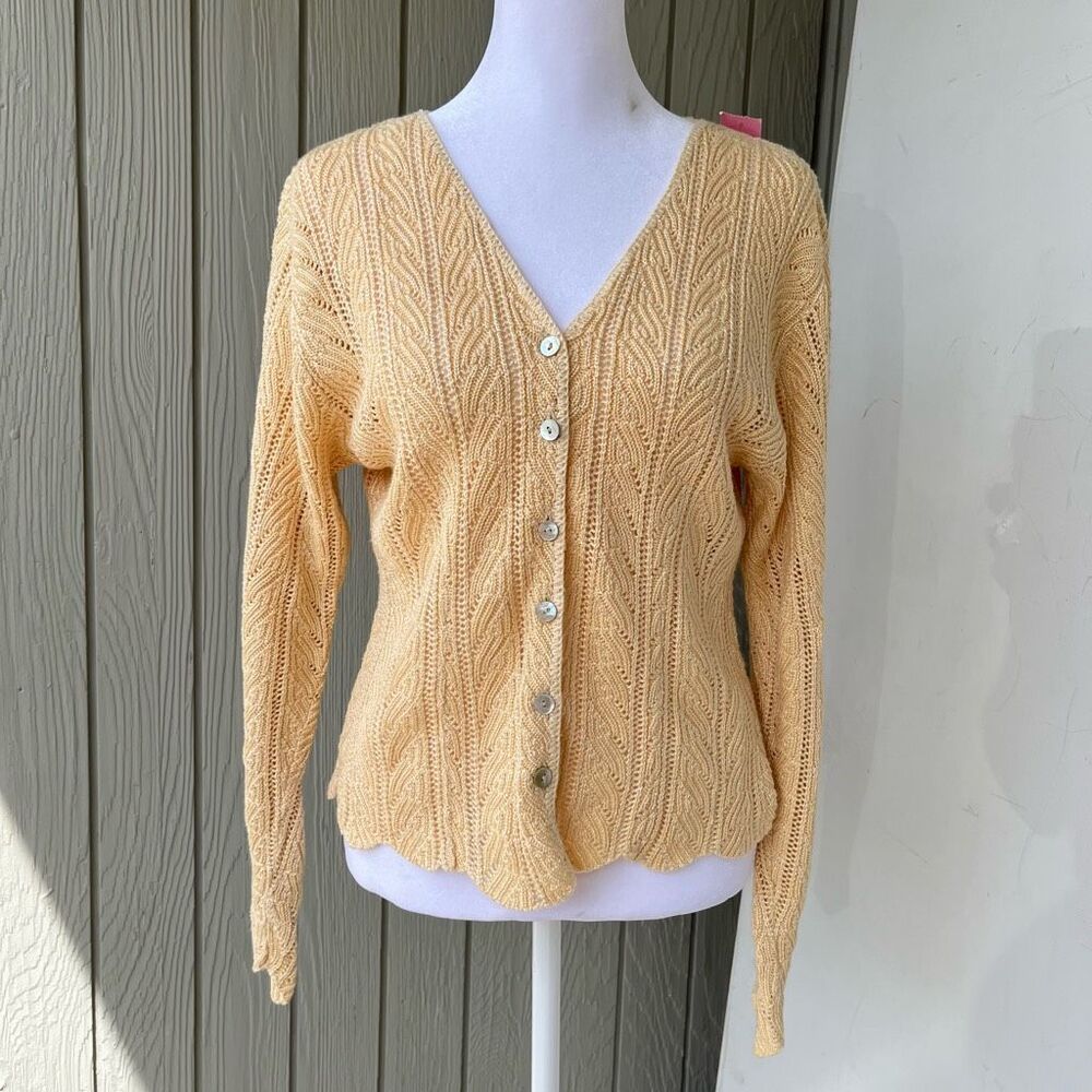 VTG Romantic Cottagecore Cardigan Butter Yellow Scalloped Knit S/M - Picture 2 of 16
